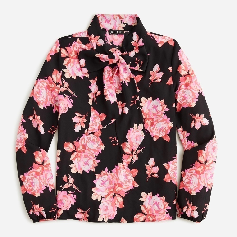 J. Crew Tie Neck Long Sleeve Top XS black pink floral rose popover blouse flowy